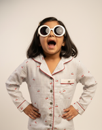 Load image into Gallery viewer, Girls' Cherry &amp; Stripe Cotton Nightsuit - CuddlesClothing