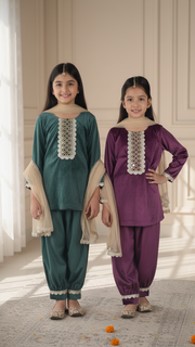 Girls Designer Velvet Salwar Kameez with Lace Details - CuddlesClothing