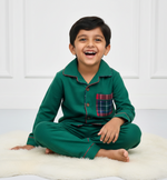 Load image into Gallery viewer, Boys Green Flannel Nightsuit with Plaid Pocket - CuddlesClothing