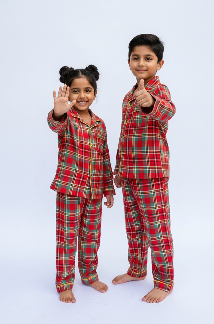 Red Plaid Kids Flannel Nightsuit - CuddlesClothing