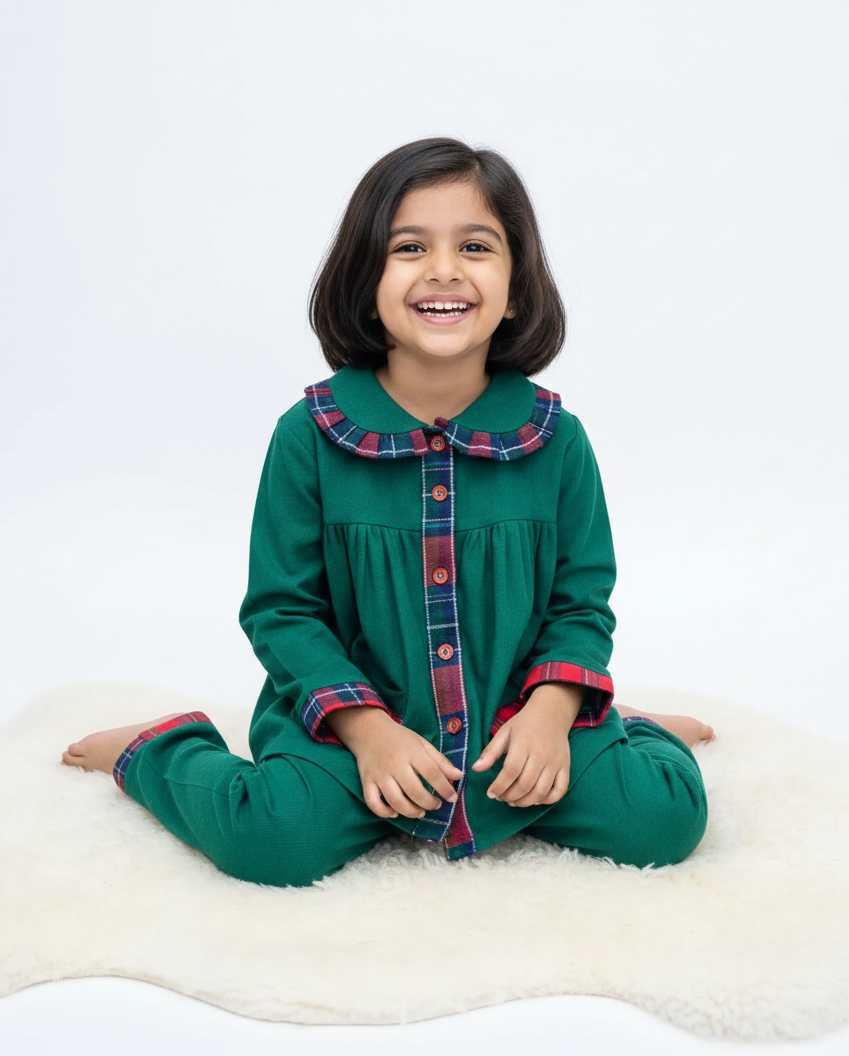 Girls Green Frock Style Flannel Nightsuit - CuddlesClothing
