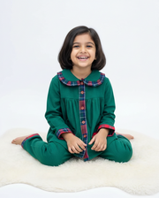 Girls Green Frock Style Flannel Nightsuit - CuddlesClothing