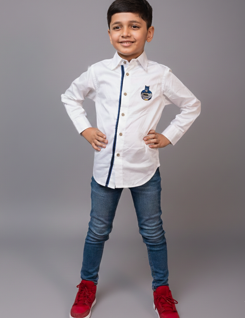 Boys White Batman Embroidered Cotton Shirt - CuddlesClothing