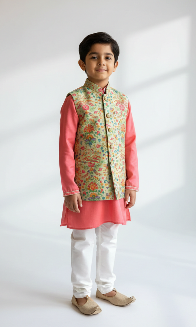 Boys Silk Embroidered Jacket & Kurta Set - CuddlesClothing