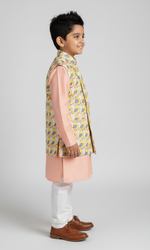 Load image into Gallery viewer, Boys Bird Print Nehru Jacket &amp; Peach Kurta Set - CuddlesClothing
