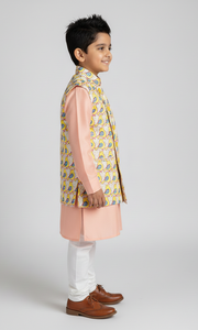 Boys Bird Print Nehru Jacket & Peach Kurta Set - CuddlesClothing