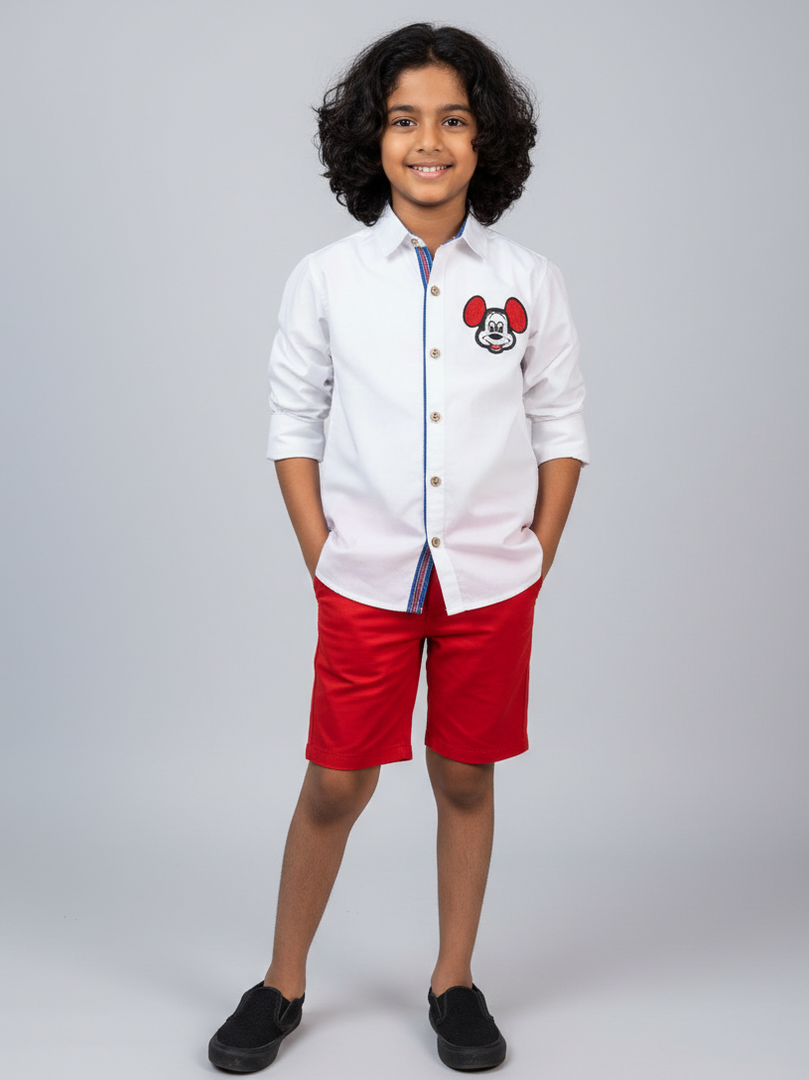 Boys White Mickey Mouse Patch Cotton Shirt - CuddlesClothing