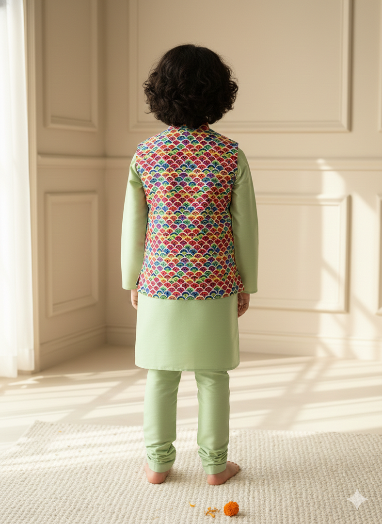 Boys Sage Green Nehru Jacket & Scallop Print Kurta Set - CuddlesClothing