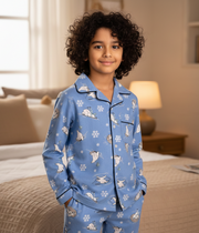 Blue Polar Bear Skiing Kids Flannel Nightsuit - CuddlesClothing