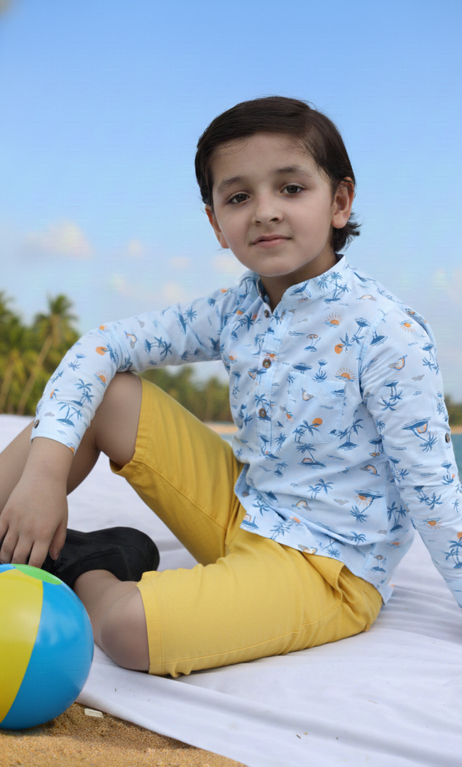 Boys Blue Tropical Palm Print Summer Shirt - CuddlesClothing