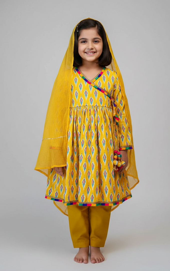 Girls Yellow Ikat Print Angrakha Kurta Set with Dupatta - CuddlesClothing