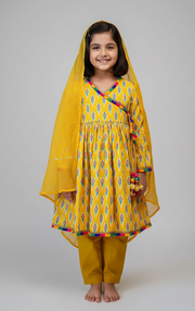 Girls Yellow Ikat Print Angrakha Kurta Set with Dupatta - CuddlesClothing