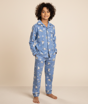 Blue Polar Bear Skiing Kids Flannel Nightsuit - CuddlesClothing