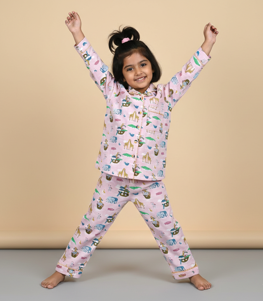 Pink Noah's Ark Animal Print Nightsuit - CuddlesClothing