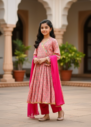 Girls Pink Floral Angrakha Kurta Set - CuddlesClothing
