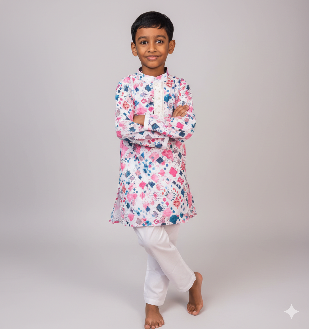 Boys Multi-Color Abstract Print Cotton Chikankari Kurta Set - CuddlesClothing