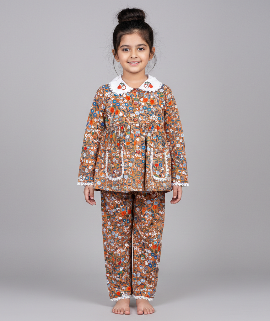 Embroidered Floral Cotton Nightsuit for Kids - CuddlesClothing