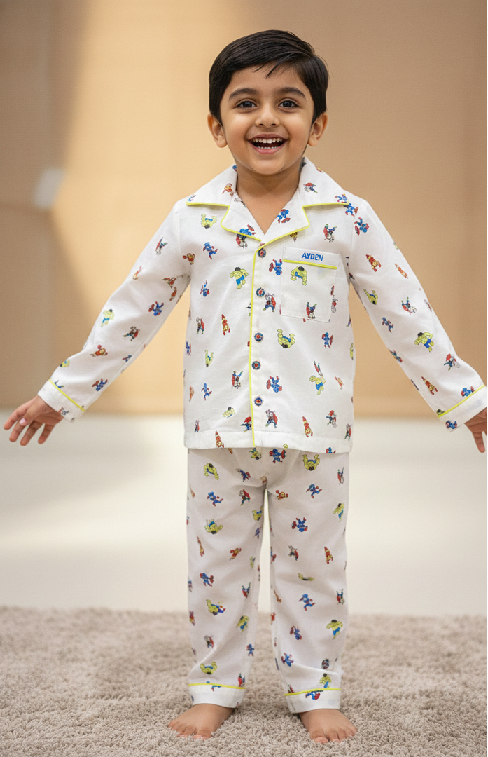 Superhero Print Multicolor Cotton Nightsuit for Boys - CuddlesClothing