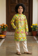 Load image into Gallery viewer, Yellow Banarasi Silk Boys Kurta Pajama Set with Ivory Pajamas - CuddlesClothing