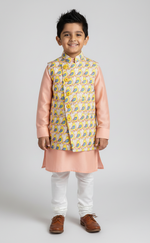 Load image into Gallery viewer, Boys Bird Print Nehru Jacket &amp; Peach Kurta Set - CuddlesClothing