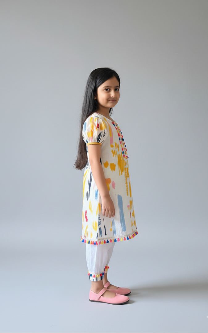 Girls Yellow Multi-Color Paint Stroke Kurta & Salwar Set - CuddlesClothing