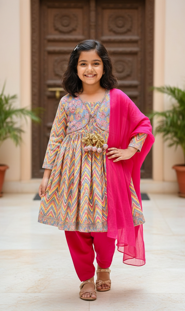 Girls Cotton Zig-Zag Print Anarkali Kurta Set with Dupatta - CuddlesClothing