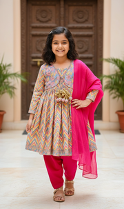 Girls Cotton Zig-Zag Print Anarkali Kurta Set with Dupatta - CuddlesClothing