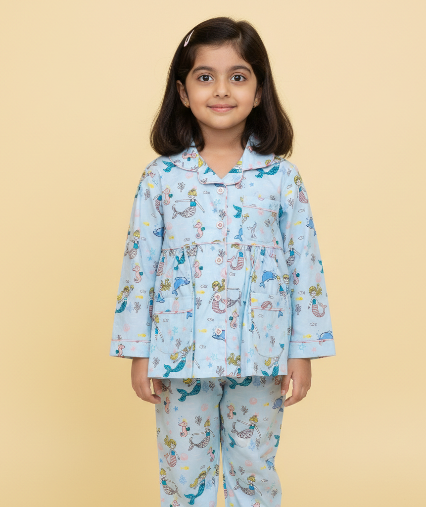 Mermaid Print Cotton Nightsuit for Girls - CuddlesClothing