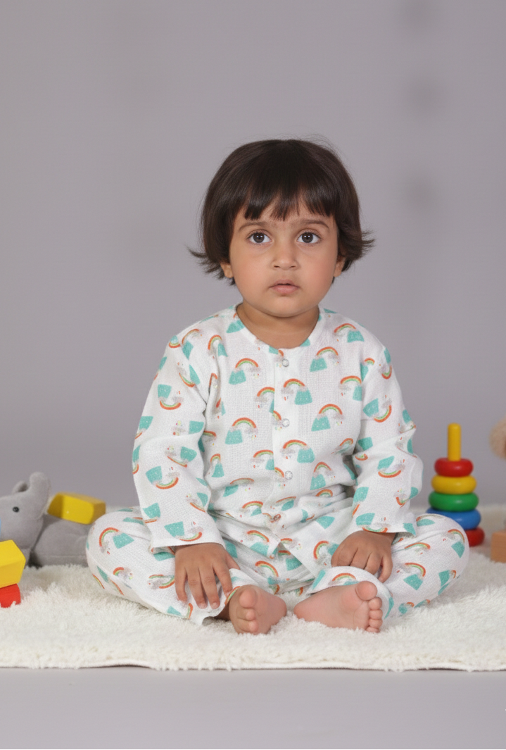 Kids White Muslin Nightsuit with Rainbow Print - CuddlesClothing