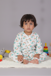 Kids White Muslin Nightsuit with Rainbow Print - CuddlesClothing