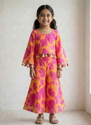 Girls Pink & Orange Floral Crop Top and Sharara Set - CuddlesClothing