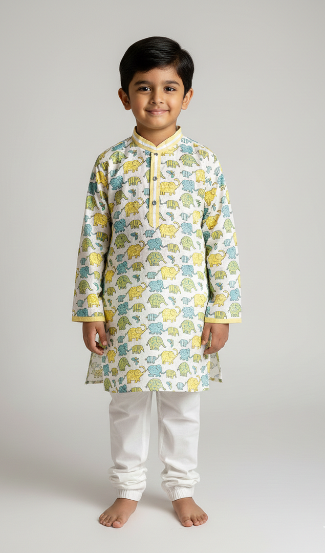 Boys Yellow & Blue Elephant Print Cotton Kurta Set - CuddlesClothing