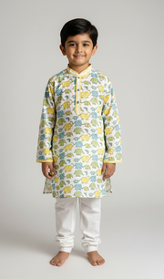 Boys Yellow & Blue Elephant Print Cotton Kurta Set - CuddlesClothing