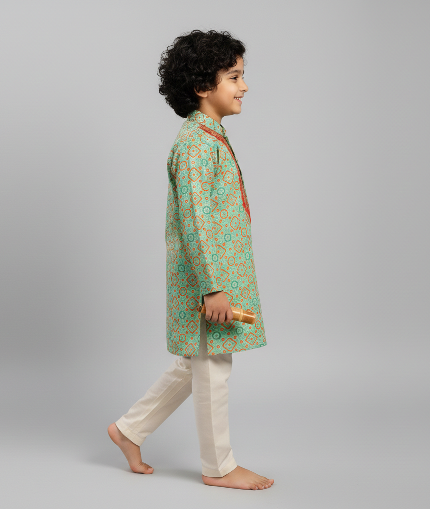 Boys Green Printed Kurta Pajama with Embroidery - CuddlesClothing