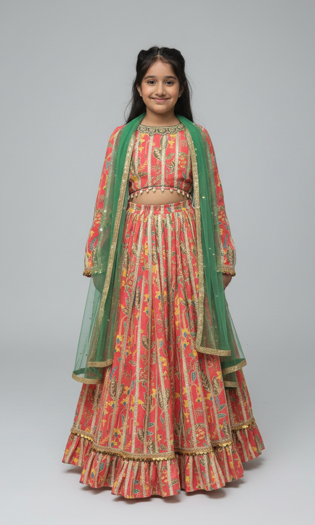 Girls Pink Floral Print Lehenga Choli with Green Dupatta - CuddlesClothing