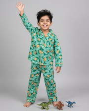 Green Dinosaur Print Cotton Nightsuit for Boys - CuddlesClothing