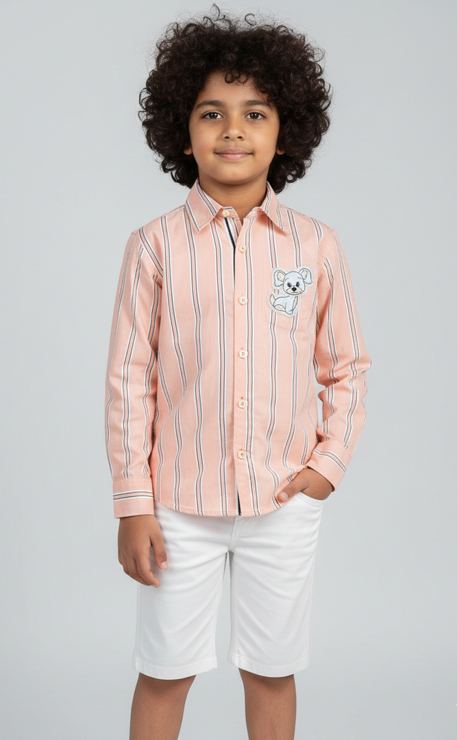 Boys Peach Striped Cotton Shirt with Dog Patch - CuddlesClothing