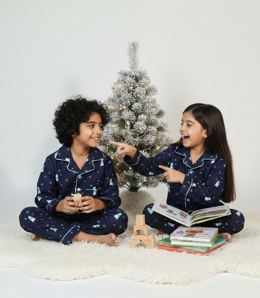 Navy Polar Bear Print Kids Flannel Nightsuit - CuddlesClothing