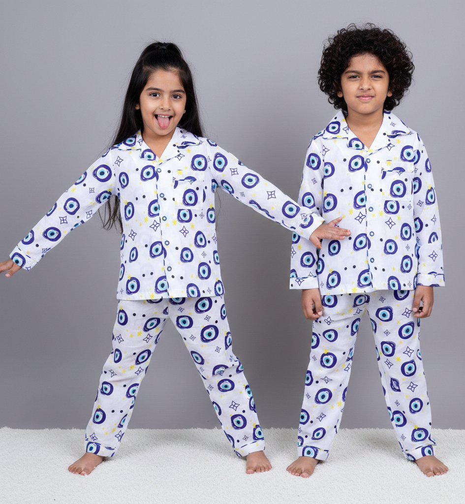 Evil Eye Print Cotton Kids Nightsuit - CuddlesClothing