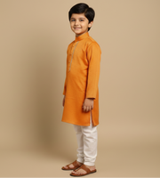 Orange Cotton Silk Kurta Pajama with Laced Neckline - CuddlesClothing
