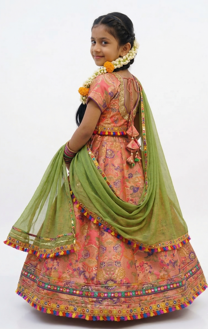 Girls Banarsi Silk Lehenga Set with Net Dupatta - CuddlesClothing