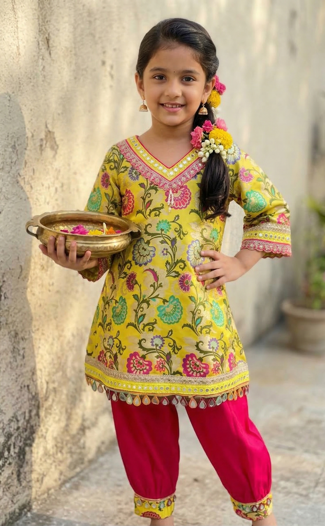 Yellow Banarsi Silk Girls Kurta Set with Pink Cotton Silk Salwar - CuddlesClothing