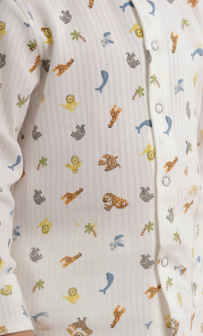 Kids White Muslin Nightsuit with Safari Animal Print - CuddlesClothing