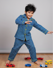 Blue Race Car Print Cotton Nightsuit for Boys - CuddlesClothing