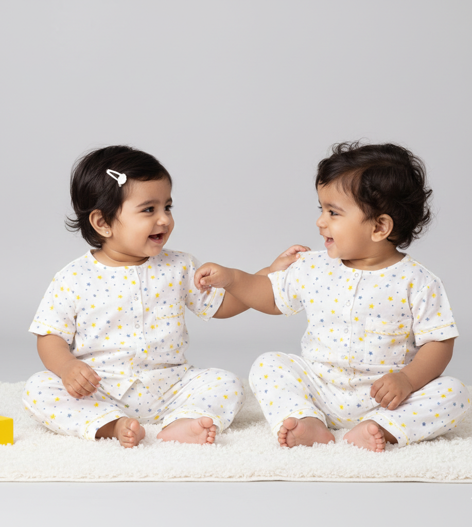 Unisex Star Print Cotton Muslin Nightsuit for Kids - CuddlesClothing