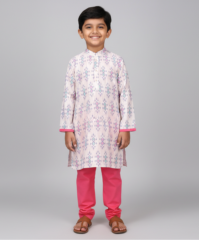 Super Soft Ikkat Print Kurta Pajama Set for Kids in Modal Satin - CuddlesClothing