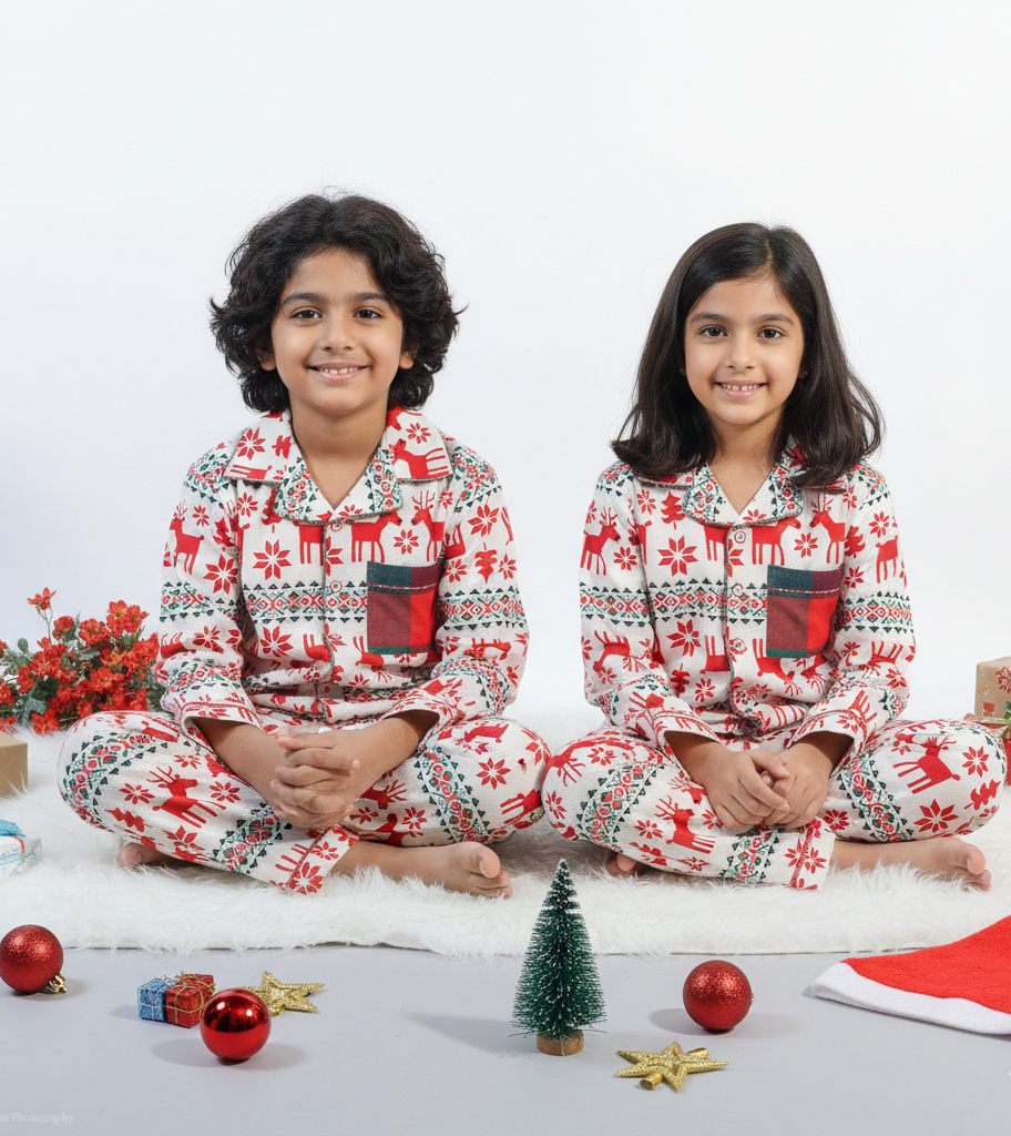 Reindeer Print Kids Flannel Nightsuit - CuddlesClothing