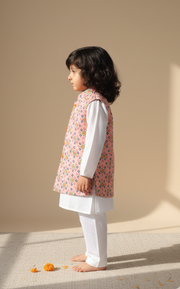 Boys White Kurta Pajama with Bandhani Print Nehru Jacket Set - CuddlesClothing