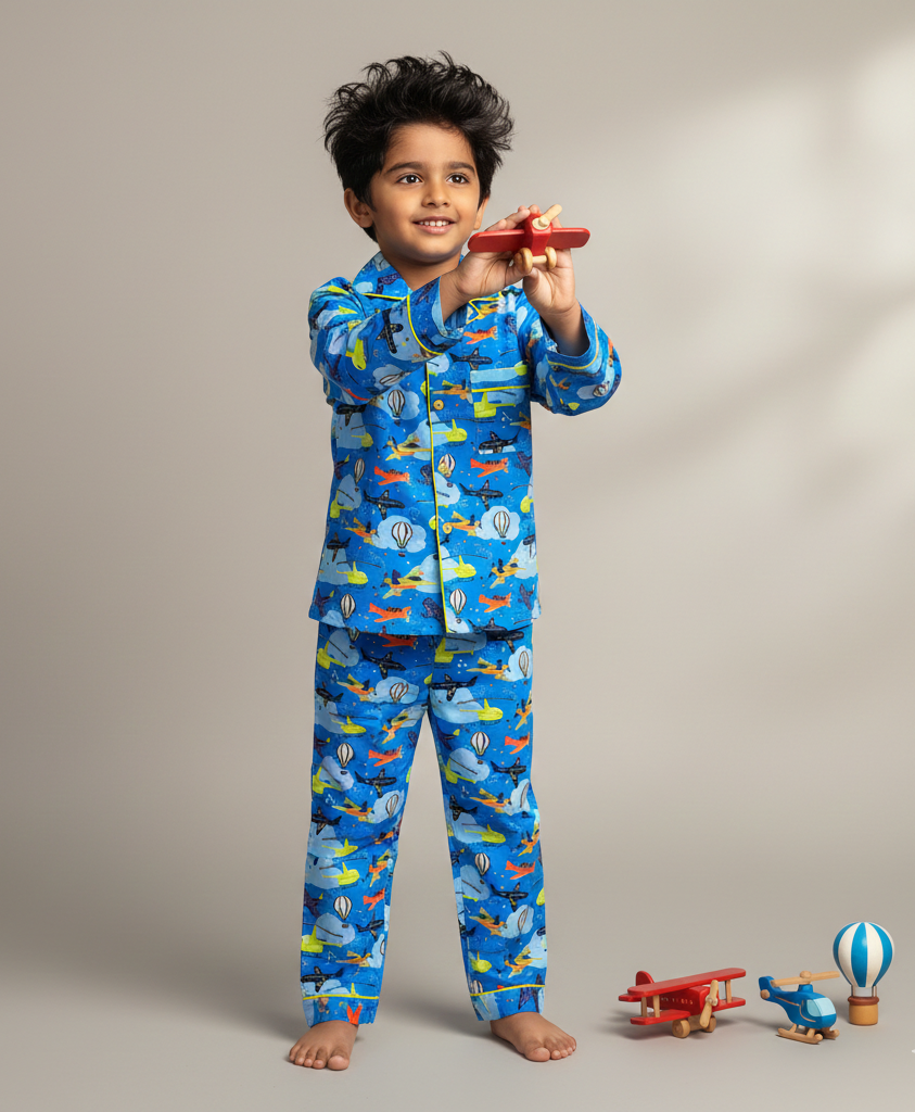 Blue Aviation Print Cotton Nightsuit for Boys - CuddlesClothing