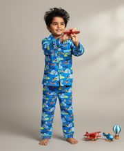 Blue Aviation Print Cotton Nightsuit for Boys - CuddlesClothing